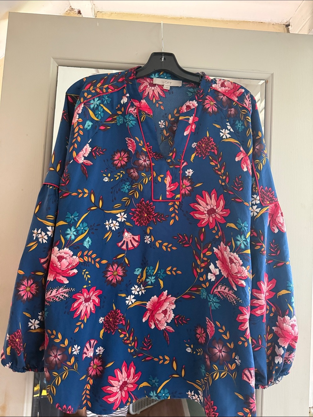 LOFT Navy Floral V-Neck Blouse